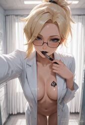 1boy ai ai_generated black_lipstick blonde_hair breasts female female hospital human human_female indoors light-skinned_female light_skin male mercy naked naked_female noctarax nude nude_female overwatch solo solo_female