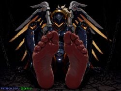 ai_generated android android_girl barefoot dungeon feet foot_fetish foot_focus gigatsu mercy overwatch pixel_art robot robot_girl sole_female soles toes