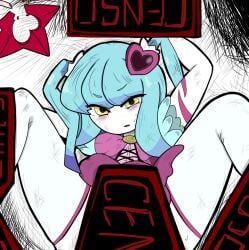 1girls abnormality_(project_moon) arm_tattoo artist_request blue_hair blush censored_(lobotomy_corporation) clothed defeated defeated_heroine dress feet_out_of_frame female frilled_dress hair_ornament heart_hair_ornament imminent_rape imminent_sex legs_held_open lobotomy_corporation looking_at_viewer magical_girl pale_skin pink_ribbon pink_tattoo project_moon queen_of_hatred restrained simple_background small_breasts spread_legs stockings two_side_up yellow_eyes