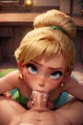 :>= ai_generated blonde_hair blue_eyes cum earrings fellatio female jewelry lips long_hair oral penis pov solo_focus straight