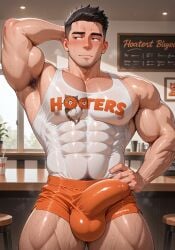abs ai_generated armpit_hair bara bara_tiddies bara_tits big_penis big_thighs blush broad_shoulders bulging_penis civitai embarrassed gay hairy hairy_arms hairy_chest hairy_legs hooters_uniform light-skinned_male light_skin male male_only muscle_ass muscle_slut muscular muscular_arms muscular_back muscular_chest muscular_legs muscular_male muscular_trap one_hand_behind_head pubic_hair short_shorts skin_tight slippy21405 strongman_waist sweat sweating sweaty