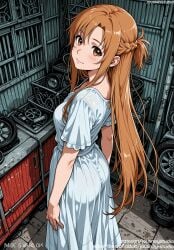 ai_generated ass asuna_(sao) asymmetrical_bangs bangs bare_shoulders blush braid breasts brown_eyes brown_hair clavicle closed_mouth clothing dress female female female_only french_braid from_behind hair_ornament half_updo indoors jousneystudio large_breasts lips long_hair looking_at_viewer looking_back medium_breasts ponytail shirt short_sleeves sidelocks smile solo standing sword_art_online thighs very_long_hair white_dress white_shirt window yuuki_asuna