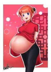 arms_behind_back big_belly blue_eyes bun_cover chinese_clothes double_bun female female_only gintama hair_ornament huge_belly kagura_(gintama) looking_at_viewer medium_breasts mochii89 nipple_bulge orange_hair pink_background pregnant ready_to_pop smile solo veiny_belly