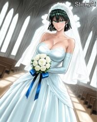 ai_generated anime_coloring beach blunt_bangs church female fubuki_(one-punch_man) green_eyes green_hair indoors large_breasts manga_style official_style one-punch_man short_hair stickyai wedding wedding_dress