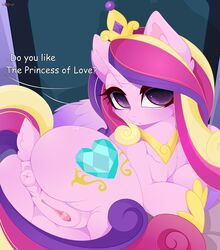 2019 absurd_res alicorn animal_genitalia animal_pussy anus ass clitoris cutie_mark dialogue english_text equid equine_pussy feathered_wings feathers female feral friendship_is_magic hair hi_res horn looking_at_viewer looking_back lying mammal multicolored_hair my_little_pony on_side princess_cadance_(mlp) pussy solo text wings xsatanielx