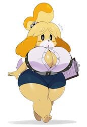 animal_crossing animal_crossing_new_leaf bbw big_breasts button_gap chubby curvy embarrassed isabelle_(animal_crossing) large_breasts looking_at_breasts nintendo overweight shortstack sssonic2 thick voluptuous walking