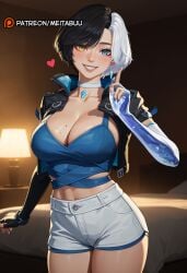 ai ai-created ai_assisted ai_generated artist_name asymmetrical_gloves bed black_gloves black_hair black_jacket blue_camisole blue_eyes blue_nails blush breasts choker cleavage collarbone cowboy_shot crop_top cropped_jacket earrings elbow_gloves female fingerless_gloves gloves grin heart heterochromia index_finger_raised indoors jacket jewelry lamp large_breasts looking_at_viewer luna_snow luna_snow_(marvel_rivals) marvel marvel_comics marvel_rivals meitabuu midriff mismatched_gloves mole mole_on_breast multicolored_hair nail_polish navel patreon_logo patreon_username short_hair short_shorts shorts smile solo split-color_hair two-tone_hair white_choker white_hair white_shorts yellow_eyes