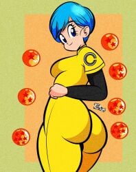 1girls 2d big_ass big_breasts big_butt big_thighs big_titties blue_eyes blue_hair breasts bulma bulma_briefs bulma_briefs_(dragon_ball_super_superhero) clothing color curvaceous curvaceous_female curvaceous_figure curvy curvy_figure curvy_hips diego_mejia dragon_ball dragon_ball_super female female_only full_color fully_clothed jumpsuit looking_at_viewer looking_back non-nude rear_view short_hair solo thick_thighs