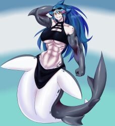 1girls abs athletic athletic_female blue_hair clothed female hands_behind_head kailyn_lk mako_(monster_girl_island) mermaid mershark monster_girl monster_girl_island muscular muscular_female orange_eyes pokies shark_girl shark_humanoid toned toned_abs toned_female