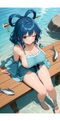 ;) ai ai_art ai_generated alternate_costume beach blue_eyes blue_hair female female female_focus fish focus hair_ornament large_breasts nipples pixai seiga_kaku water