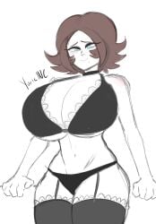big_breasts black_bra black_panties blue_eyes breasts breasts_bigger_than_head brown_hair country_inc_(yuric_inc) countryhumans female female_only france france_(countryhumans) france_(yuric_inc) french_female huge_breasts short_hair smug thin_waist underwear yuric_inc