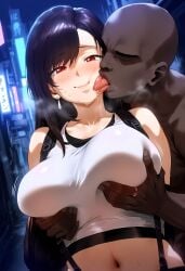 1boy ai_generated black_hair cheating cleavage clothed_female_nude_male color dark-skinned_male dark_skin female final_fantasy final_fantasy_vii grabbing grabbing_another's_breast grabbing_from_behind highres interracial large_breasts licking licking_face looking_at_viewer male netorare red_eyes sairen_ai tifa_lockhart