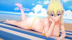 1girls 3d arm_support ass barefoot beach big_ass big_breasts bikini blonde_hair blue_eyes breasts busty butt_crack cleavage darkness_(konosuba) feet female female_only hi_res kono_subarashii_sekai_ni_shukufuku_wo! large_breasts legs long_hair looking_at_viewer lying ocean on_stomach ponytail pose posing seductive seductive_look seductive_smile sensual sexy sexy_pose smile solo sweat the_pose thighs voluptuous water yellow_bikini