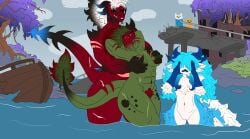 4_ears absurd_res anthro areola big_areola big_breasts black_hair black_nipples black_sclera blue_body blue_eyes blue_hair breast_play breasts claws cloudy_(zortrex) curvy_figure dragon elemental_creature fangs female flora_fauna fluffy fluffy_chest fluffy_hair fluffy_tail fur furred_dragon furred_scalie gesture green_body green_hair group hair hand_gesture hand_on_head hi_res horn huge_areola long_hair markings mchloe_(zortrex) multi_ear multicolored_body multicolored_fur multicolored_hair muscular muscular_anthro muscular_female mythological_creature mythological_scalie mythology neck_tuft nipples plant pseudo_hair pubes puffy_nipples red_hair ruins scalie sharp_teeth sibling_(lore) sister_(lore) size_difference small_breasts spikes spikes_(anatomy) tail teeth thick_thighs tree trio tuft two_tone_body two_tone_fur two_tone_hair water white_hair wide_hips yelena_(zortrex) zortrex