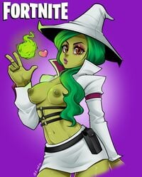 1girls collaboration fortnite green_skin hat hemlock_(fortnite) lipstick rodjim tagme topless tyrana witch witch_hat