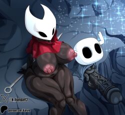 1boy 1girls 2_horns alternate_body_type alternate_breast_size arthropod artist_name big_ass big_breasts big_butt black_body black_skin breasts bubble_ass bubble_butt bug bug_girl female female_only hollow_knight hollow_knight:_silksong hornet_(hollow_knight) karuro-kun large_ass large_breasts large_butt male silksong team_cherry