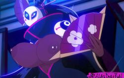 1girls 2025 accurate_art_style alexdarkrel anime_style big_breasts bouncing_breasts brawl_stars dark_hair dark_skin female female_focus highres mask piercing piercings screenshot screenshot_edit shukuteki_tara supercell tagme tara_(brawl_stars) voluptuous voluptuous_female
