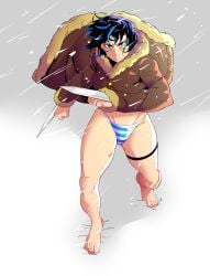 1girls angry angry_expression angry_face black_hair blade blades blue_eyes blue_hair clothed clothing coat crow_art el_diario_de_jonathan female looking_at_viewer pose selene_(eddj) snow solo standing sweat thick_legs thick_thighs thighs two_tone_hair two_tone_panties underwear