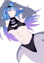 1girls abs athletic athletic_female blue_hair clothed female hands_behind_head koo0510 mako_(monster_girl_island) mermaid mershark monster_girl monster_girl_island muscular muscular_female orange_eyes pokies shark_girl shark_humanoid toned toned_abs toned_female