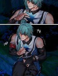 1boy anaxa_(honkai:_star_rail) closed_eyes clothed cuntboy eyepatch green_hair honkai:_star_rail intersex male masturbation unusual_anatomy
