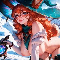 1girls ai_generated aurora_(league_of_legends) big_breasts blue_eyes blush bunny_ears bunny_girl curvy embarrassed eyelashes eyeliner female freckles fur furry glasses kneeling league_of_legends leaning_forward looking_at_viewer makeup masturbation messy_hair naked naked_female orange_hair ornament outdoors patreon pubic_hair puffy_nipples pussy red_hair riot_games round_glasses sexually_suggestive snow stable_diffusion stblfantasy suggestive suggestive_look voluptuous voluptuous_female witch_hat