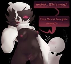 1girls anon black_background black_body black_skin breasts breasts_out dialogue dialogue_box english_text female flashing folly_(regretevator) looking_at_another presenting red_eyes red_nipples red_pubic_hair regretevator shirt_lift shirt_up shocked_expression size_difference