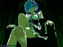 1girls ai_generated barefoot blue_hair feet female female_domination foot_fetish foot_focus from_below gigatsu looking_down pixel_art re:zero_kara_hajimeru_isekai_seikatsu rem_(re:zero) sitting sole_female soles solo throne toes