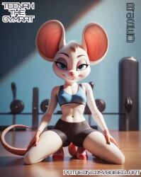 ai_generated anthro athletic_female baised bedroom_eyes big_ears blue_eyes female female gym kneeling leg_spread looking_at_viewer mouse mouse_girl perky_breasts rat rat_girl short small sports_bra tail teenah_(oc) white_fur yoga_pants
