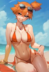 ai_generated aksn asymmetrical_hair bangs bare_shoulders beach bent_knees bikini bikini_bottom blue_sky blush bracelet breasts clavicle cleavage clothing cloud curvaceous day earrings eyewear eyewear_on_head female female_only green_eyes grin hair_between_eyes highleg highleg_bikini highleg_swimsuit huge_breasts jewelry kasumi_(pokemon) large_breasts legs looking_at_viewer navel necklace ocean orange_bikini orange_hair orange_swimsuit outdoors pokemon pokemon_character ponytail sand shiny_skin short_hair side-tie_bikini side-tie_bikini_bottom side-tie_clothing side-tie_swimsuit side_ponytail sitting sky smile solo stomach string_bikini sunglasses swimsuit teeth thick_thighs thighs tied_hair water wide_hips yokozuwari