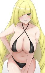 1girls big_breasts bikini bikini_bottom bikini_top black_bikini blonde_hair bottomwear breasts cleavage female female_only game_freak green_eyes hair hair_over_one_eye hand_on_hip huge_breasts long_hair lusamine_(pokemon) mature mature_female mature_woman milf mother pokemon pokemon_sm smile solo solo_female swimwear thighs topwear wachikumori