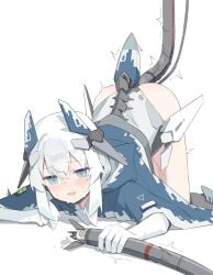 absurdres blue_eyes blush camouflage cape digital_camouflage gloves highres hood mecha_musume mechanical_spine mechanical_tentacles open_mouth original personification pussy_juice shasha_(shasha159357) su-57_(personification) sweat tentacle tentacle_sex trembling veins white_gloves white_hair