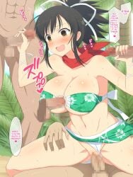 asuka_(senran_kagura) bikini brown_eyes brown_hair english_text floral_print gangbang hair_ribbon handjob large_breasts male paizuri perpendicular_paizuri scarf senran_kagura sex sweat swimsuit text vaginal_penetration yaomai