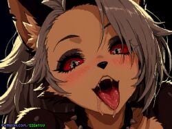 ai_generated furry furry_only gigatsu grey_fur grey_hair helluva_boss loona_(helluva_boss) open_mouth pixel_art red_eyes saliva saliva_trail sharp_teeth tongue tongue_out
