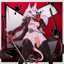 anthro avante92 balls blue_eyes bow breasts burmecian chains clothed clothing coat female final_fantasy final_fantasy_ix freya_crescent futa_only futanari gloves hair holding_object intersex legwear littlemedecine looking_at_viewer mammal mask melee_weapon nipples open_mouth penis pink_nipples rodent solo square_enix standing sword thigh_highs video_games weapon white_hair