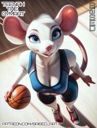 ai_generated anthro athletic_female baised basketball big_ears blue_eyes female female gym looking_at_viewer mouse mouse_girl perky_breasts rat rat_girl short small sports_bra tail teenah_(oc) white_fur yoga_pants