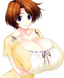 arisugawa_chisato atelier_kaguya_honky-tonk_pumpkin big_breasts brown_hair game_cg gigantic_breasts huge_breasts kurasaki_minato purple_eyes shabura_rental short_hair yellow_clothing