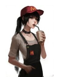 apron bangs black_hair black_ponytail cap collar collarbone digital_drawing_(artwork) digital_media_(artwork) drinking drinking_straw eyeliner goth goth_girl mcdonald's necklace painterly ponytail steamycoffee tshirt work_uniform working