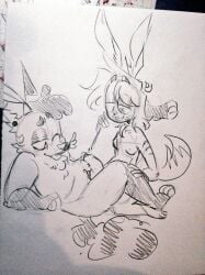2023 anthro anvil_position big_tail carmel_(carmellemonnsfw) duo ear_piercing eyebrows from_front_position gab_(hornigabl) genitals hornigabl hybrid legs_up lying male male/male on_back one_eye_closed penis piercing raised_eyebrow sex smile tail tongue tongue_out traditional_media_(artwork)