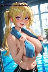 :d ai ai_assisted ai_generated anime areola_slip artist_name black_shorts blonde_hair blush breasts cleavage collarbone dibzprintz fansly female hair_between_eyes hi_res high_quality high_resolution highres indoors large_breasts lieselotte_sherlock long_hair looking_at_viewer navel open_mouth plant pool purple_eyes shorts smile solo stomach sweat teeth topless towel towel_around_neck trinity_seven twintails upper_teeth_only v-shaped_eyebrows water watermark wet wet_hair window