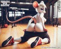 ai_generated anthro ass_view athletic_female baised bare_chest bedroom_eyes big_ears blue_eyes exposed_breasts exposing_pussy female female gym innie_pussy kneeling looking_at_viewer looking_back mouse mouse_girl perky_ass perky_breasts pulling_down_pants rat rat_girl short small tail teenah_(oc) tight_pussy topless white_fur yoga_pants