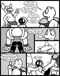 2025 2_horns 3_toes 4_fingers amphibian anthro armor ass ball_grab balls bent_over big_balls big_penis blush bottomwear bottomwear_around_legs breastplate caspar_the_frog closed_eyes clothed clothing clothing_around_legs comic cute_fangs demon dialogue ellipsis english_text erection fangs feet fingers frog frown genitals grope group horn humanoid humanoid_genitalia humanoid_on_anthro humanoid_penis imminent_sex interspecies kneeling leo_the_magician male male/male mouthless nipples open_mouth pants pants_around_legs penis shadow_creature shirt shoulder_pads smile smirk speech_bubble standing teeth text throbbing throbbing_penis to-be-named-later toes topless topwear trio ultilix vein veiny_penis