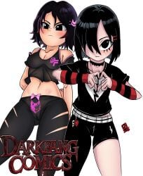 armwear belt black_eyes blush cute darkfang100 darkfangcomics emo ess_ozawa(dfc) hair_ornament leather leggings logo mascot multicolored_hair nana_ozawa(dfc) punk punk_girl siblings tank_top unfazed wolf_girl