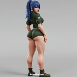 3d ai_generated athletic_female boots curvy gray_background looking_at_viewer military_boots military_uniform original_character ponytail red_eyes white_skin