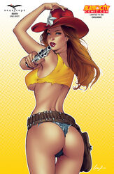 1girls aiming_at_viewer ammo_belt arm_up ass back_view big_breasts blue_eyes blue_panties bra breasts busty character_request comic_cover cowboy_hat denim_thong elias_chatzoudis female female_ass female_only firearm from_behind grimm_fairy_tales_zenescope gun handgun hat holding_gun holding_pistol holding_revolver holding_weapon large_breasts lipstick looking_back looking_back_at_viewer nail_polish official_art panties pinup pistol pouch raised_eyebrow red_hair red_hat red_lips red_lipstick red_nail_polish red_nails revolver signature smile smiling solo text thong underboob weapon yellow_background yellow_bra zenescope