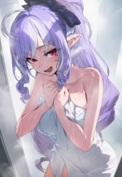 1girls after_bathing breasts covering_privates female holding_towel long_hair looking_at_viewer nude_cover pointy_ears purple_hair solo solo_female towel vivian_(zenless_zone_zero) wet yuneillusts zenless_zone_zero