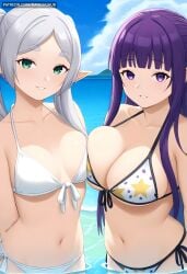 2girls ai_generated arms_behind_back asymmetrical_docking bangs bare_shoulders bikini blue_sky blunt_bangs breast_press breasts cleavage cloud collarbone dandanhub day fern_(sousou_no_frieren) frieren frieren_beyond_journey's_end front-tie_bikini_top front-tie_top green_eyes grey_hair halterneck large_breasts long_hair looking_at_viewer multiple_girls navel ocean outdoors parted_bangs parted_lips partially_submerged pointy_ears print_bikini purple_eyes purple_hair short_eyebrows side-tie_bikini_bottom sidelocks sky small_breasts smile sousou_no_frieren star_\(symbol\) star_print stomach string_bikini swimsuit thick_eyebrows twintails upper_body water white_bikini