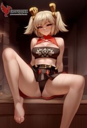 1girls 2d ai_generated ass back bangs bare_shoulders barefoot big_ass big_breasts black_panties blonde_hair burnice_white cleavage dress erophoenix feet female female_focus full_body long_hair looking_at_viewer navel pale_skin pale_skinned_female panties patreon_username red_eyes sitting skirt smile soles solo sports_bra thick thick_thighs toes twintails uncensored underwear zenless_zone_zero