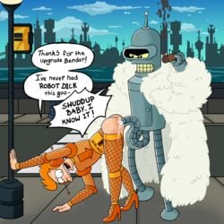 2018 anal ardidon bender_bending_rodriguez color commission crossdressing exhibitionism futurama gay highres male male_only male_prostitute outdoors philip_j_fry prostitution robot smooth_skin transformation