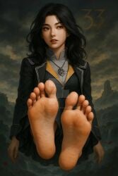 ai_generated barefoot black_hair clair_obscur:_expedition_33 feet female female_only foot_fetish foot_focus looking_away lune_(clair_obscur:_expedition_33) scarlethblood smooth_skin smooth_soles soft_skin soles toes