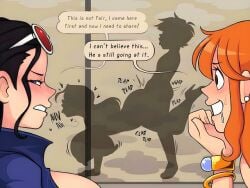 1boy 3girls agal1502 age_difference ass behind_door big_ass big_breasts big_butt black_hair blue_eyes blush boa_hancock breasts earrings female grabbing looking_pleasured male mature_female monkey_d_luffy nami_(one_piece) nico_robin nipples one_piece orange_eyes orange_hair post-timeskip sex silhouette silhouette_sex sunglasses_on_head text text_bubble thick_thighs tĥighs waiting waiting_for_turn watching watching_sex wheelbarrow_position white_earrings wide_hips